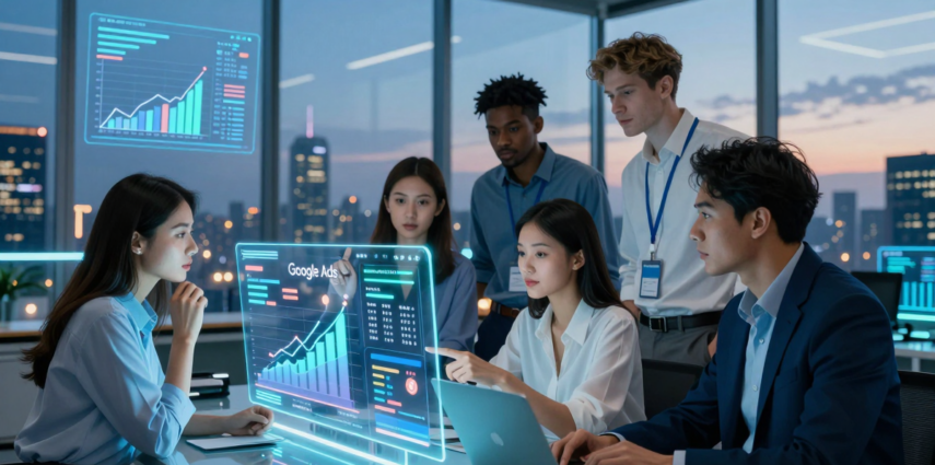 Showcase a high-tech team mastering Google Ads management pricing to boost B2B tech PPC results.